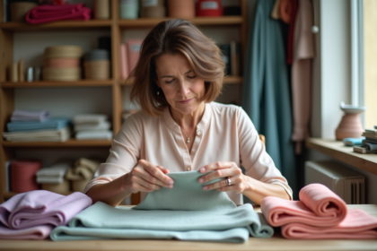 Femme d'âge moyen examine des échantillons de tissus