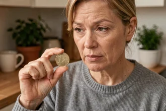 Femme examinant attentivement une pièce de 2 euros rare dans sa cuisine pour en vérifier l'authenticité