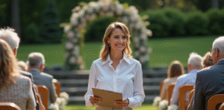 Femme élégante guide invités lors d'une cérémonie en extérieur