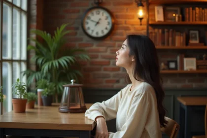 Femme contemplative regardant une horloge affichant 11h22 dans un café chaleureux, évoquant le lien des flammes jumelles et la synchronicité evozen