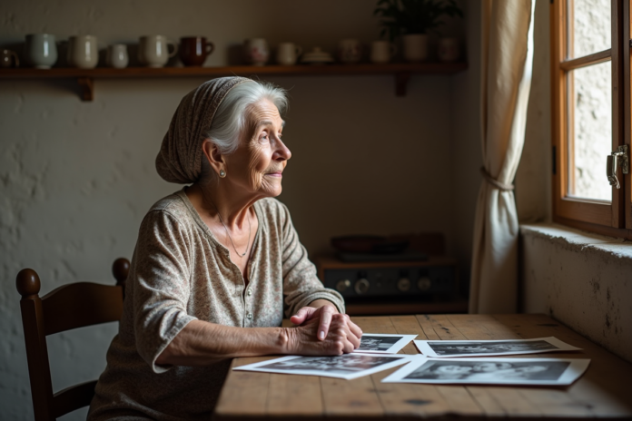 Femme italienne agee pensee assise a la cuisine