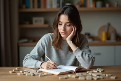 Femme concentrée jouant avec des lettres et un carnet de vocabulaire pour entraîner sa mémoire