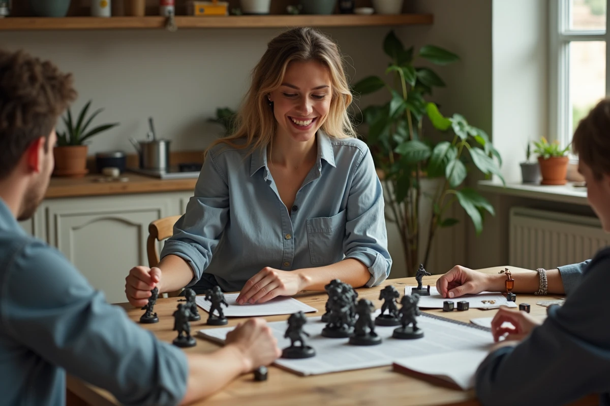 Femme souriante jouant a Warhammer avec des amis