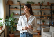 Jeune femme souriante en chemise blanche dans un appartement lumineux