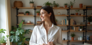 Jeune femme souriante en chemise blanche dans un appartement lumineux
