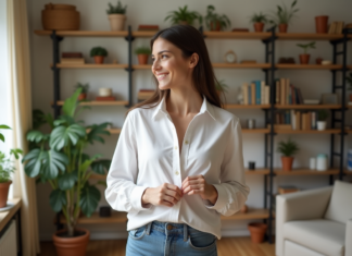 Porter les mêmes vêtements : bénéfique pour votre style ? Jeune femme souriante en chemise blanche dans un appartement lumineux