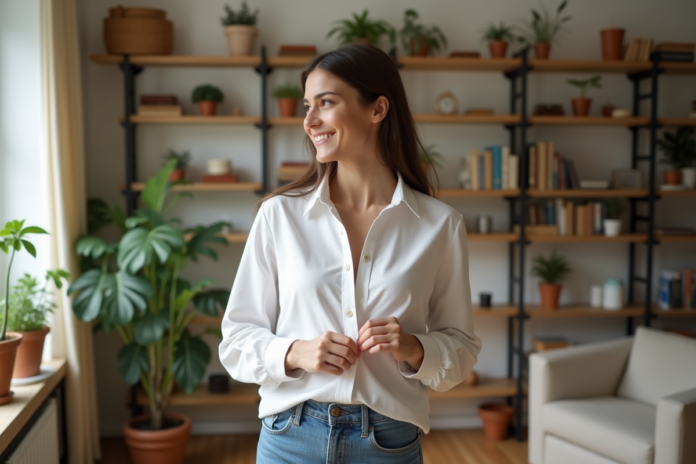 Jeune femme souriante en chemise blanche dans un appartement lumineux