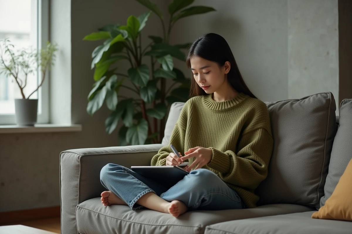 Jeune femme lisant un scan de manga sur une tablette numérique dans un salon minimaliste avec murs en béton