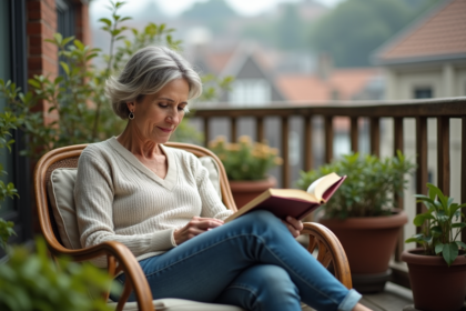 Femme lisant un livre sur un balcon en denim