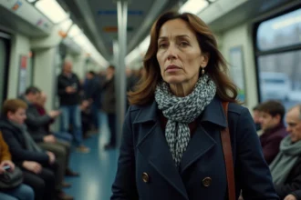 Femme dans le métro parisien avec regard inquiet
