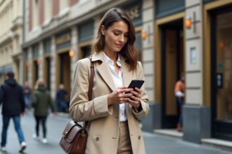 Femme confiante en trench beige dans la ville