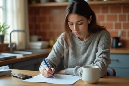 Femme concentrée remplissant une grille de mots croisés à une table en bois dans une cuisine chaleureuse