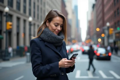 Femme pensive dans la rue de New York avec smartphone