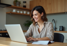 Affaire conclue : inscription facile et rapide pour participer Femme souriante utilisant son ordinateur dans la cuisine