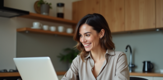 Affaire conclue : inscription facile et rapide pour participer Femme souriante utilisant son ordinateur dans la cuisine