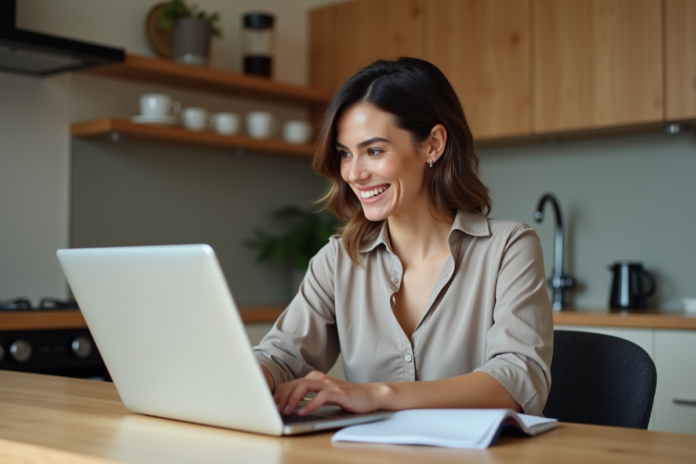 femme-ordinateur-cuisine Femme souriante utilisant son ordinateur dans la cuisine