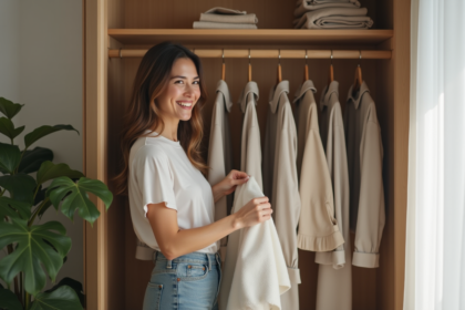 Femme organisée choisissant une tenue dans son placard minimaliste