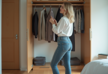 Garde-robe minimaliste : Combien de pièces idéales ? Femme en tenue minimaliste devant son placard organisé