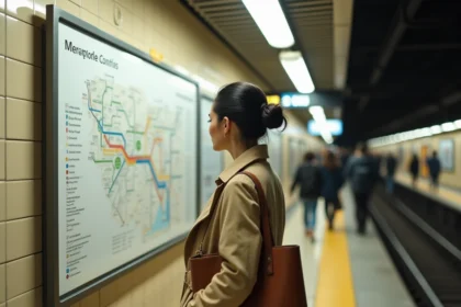Femme consultant le plan du métro de Lyon affiché sur le quai d'une station souterraine