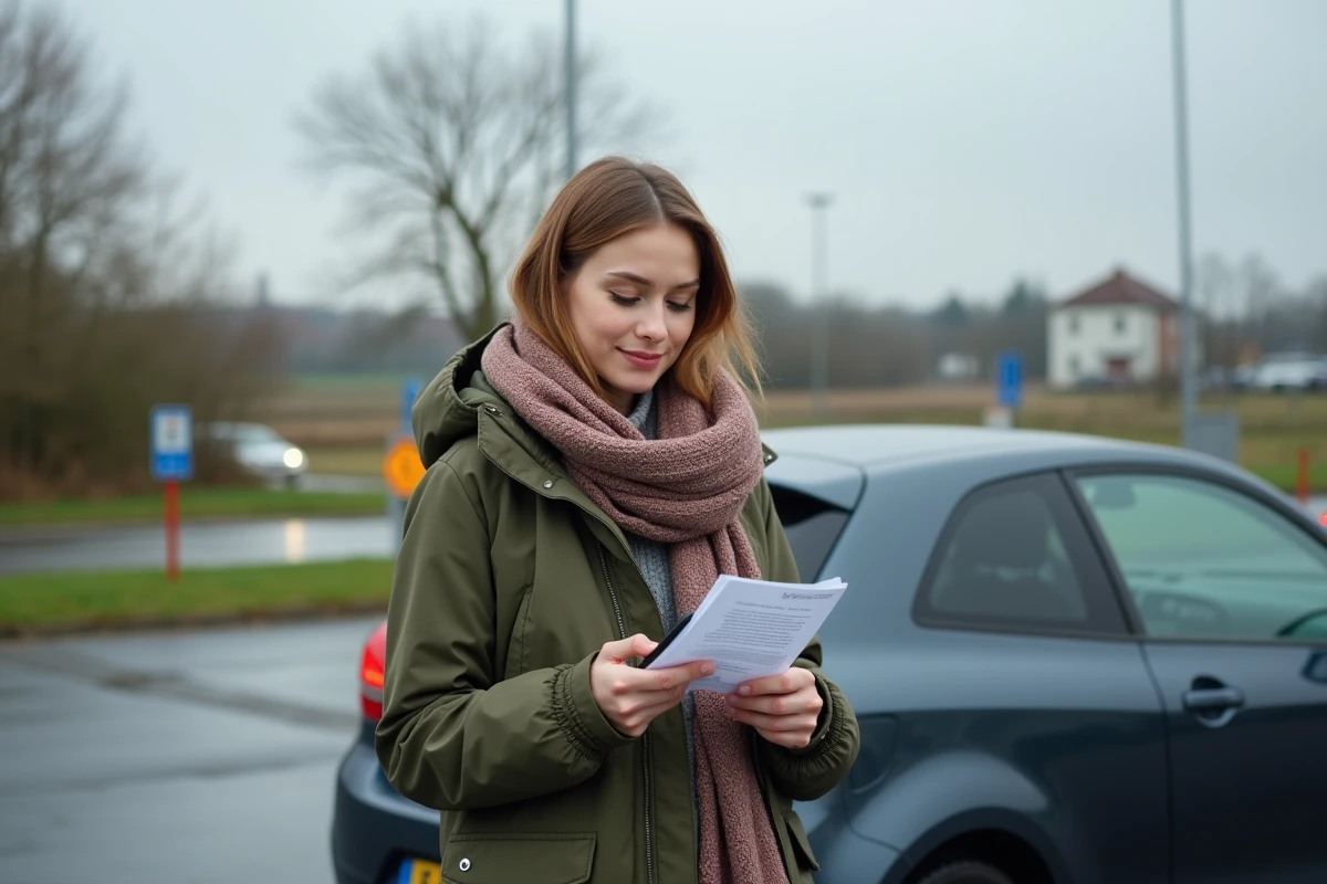 Jeune femme avec itinéraire devant sa voiture au centre de recyclage