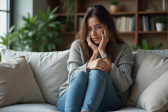 Femme assise seule dans un salon moderne en réflexion