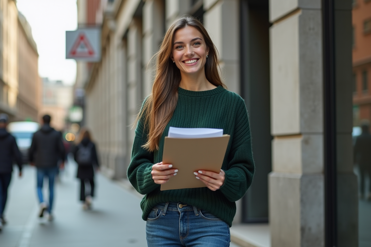 Femme souriante tenant des documents financiers devant une banque
