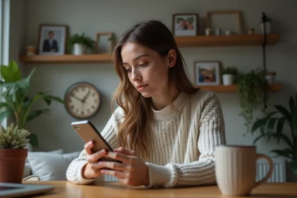 Jeune femme pensant avec smartphone dans un appartement