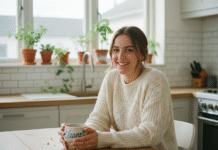 Jeune femme souriante avec mug personnalisé dans la cuisine