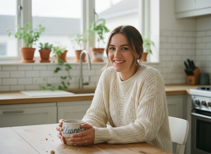 Jeune femme souriante avec mug personnalisé dans la cuisine