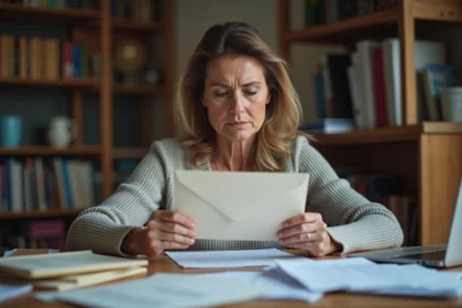 Femme stressée tenant une lettre de huissier à son bureau à domicile, illustrant le harcèlement de recouvrement par SAS Huissiers Réunis