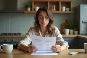 Femme lisant un test de personnalité dans la cuisine