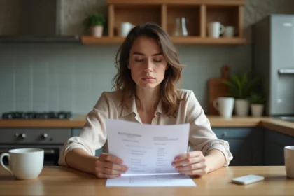 Femme lisant un test de personnalité dans la cuisine