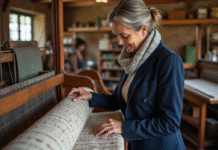 Capitale du textile en France : découvrez quelle ville se distingue ! Femme française examine un tissu dans un atelier textile ancien