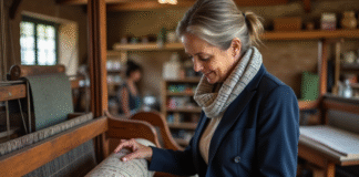 Capitale du textile en France : découvrez quelle ville se distingue ! Femme française examine un tissu dans un atelier textile ancien