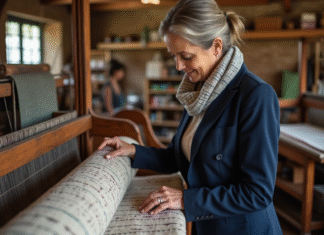 Femme française examine un tissu dans un atelier textile ancien