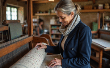 Capitale du textile en France : découvrez quelle ville se distingue ! Femme française examine un tissu dans un atelier textile ancien
