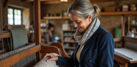 Capitale du textile en France : découvrez quelle ville se distingue ! Femme française examine un tissu dans un atelier textile ancien