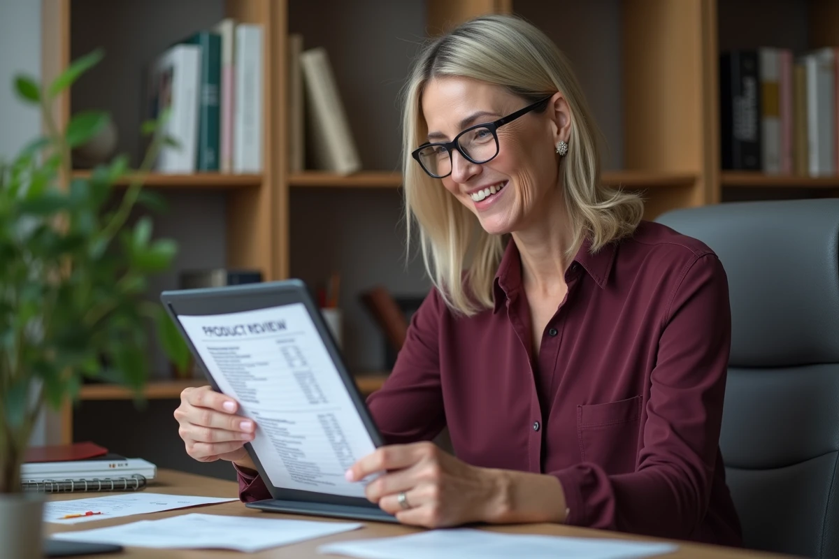 Femme vérifiant un ticket de caisse Carrefour et rédigeant un avis produit sur tablette dans un bureau à domicile