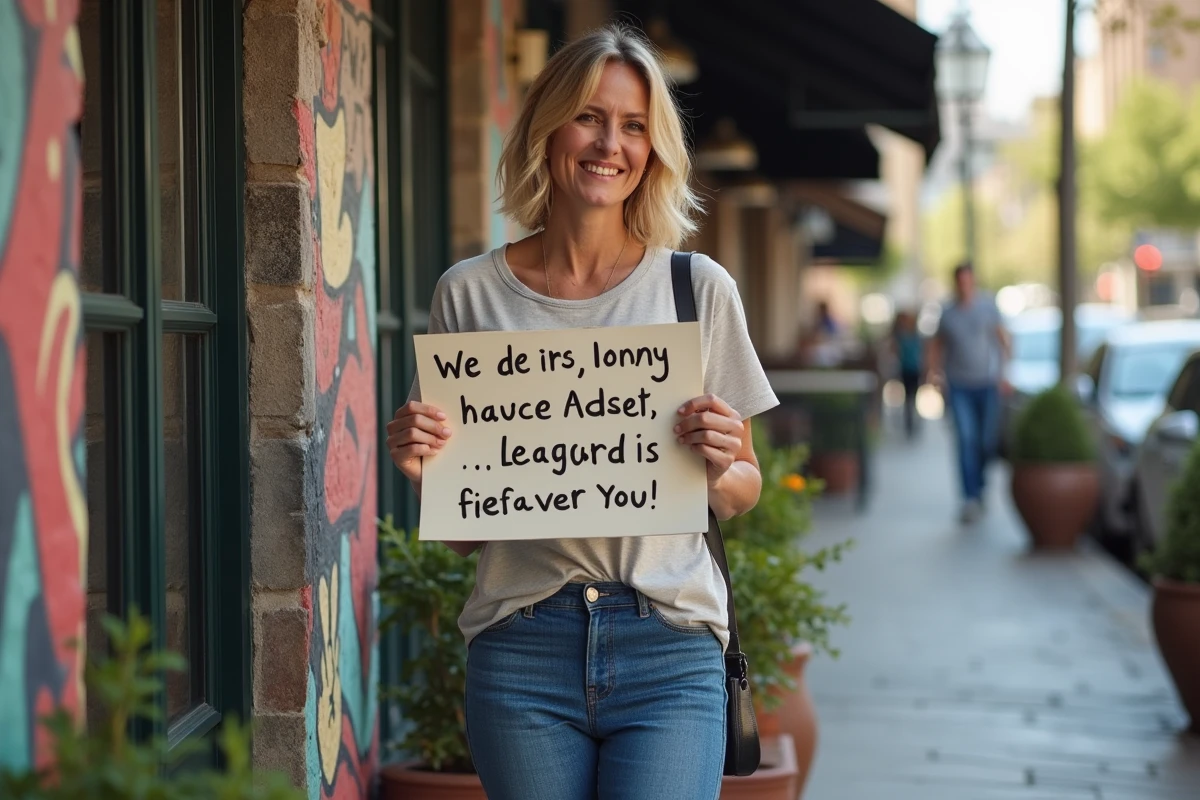 Une femme blonde avec un t-shirt graphique tient un signe humoristique en ville