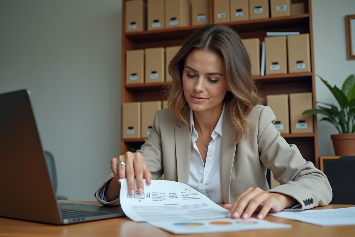 Femme étudiant un certificat de zonage dans un bureau
