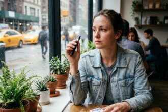 Jeune femme en denim sirotant au café avec vape