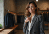 Meilleure qualité de matière pour un vêtement : nos conseils d’expert Femme élégante examinant un blazer en laine dans une boutique