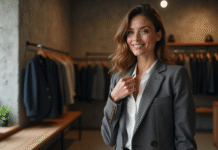 Femme élégante examinant un blazer en laine dans une boutique