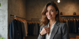 Meilleure qualité de matière pour un vêtement : nos conseils d’expert Femme élégante examinant un blazer en laine dans une boutique