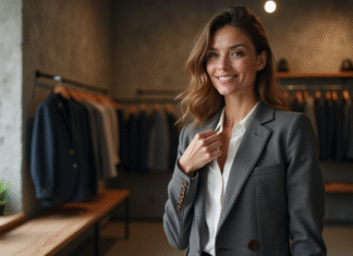 Femme élégante examinant un blazer en laine dans une boutique