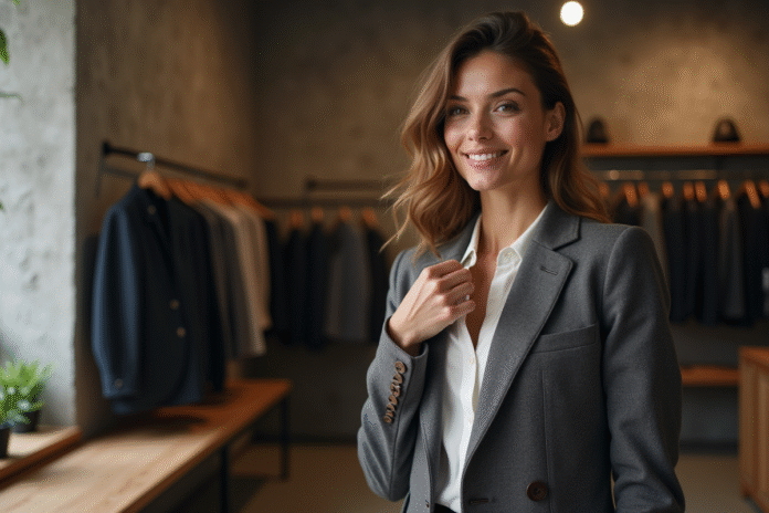 Femme élégante examinant un blazer en laine dans une boutique