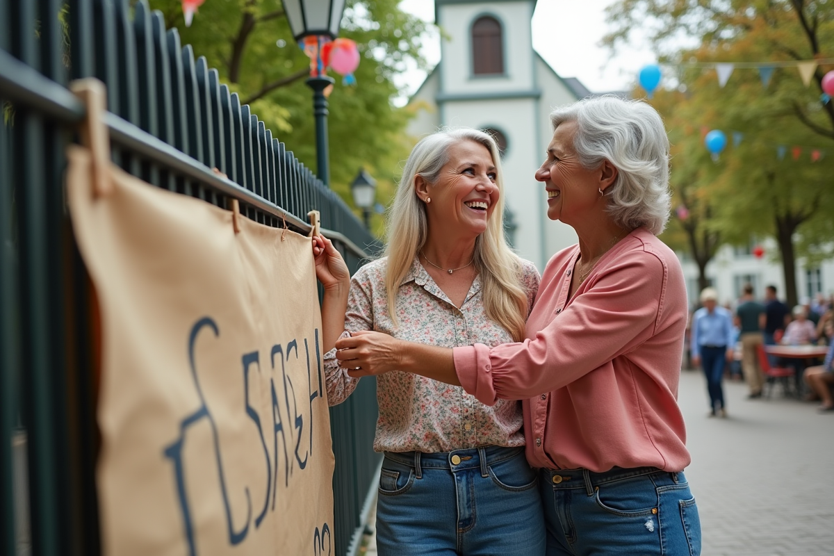 Femmes accrochant une banderole dans la place du village