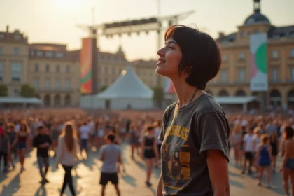 Jeune femme profitant d'un festival de musique en plein air à Lyon, devant une scène animée avec une foule en arrière-plan