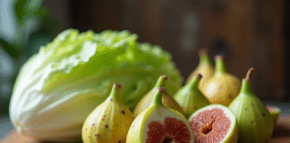 Assortiment de figues indiennes et feuilles de laitue sur une surface en bois