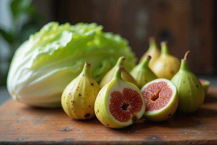 Assortiment de figues indiennes et feuilles de laitue sur une surface en bois